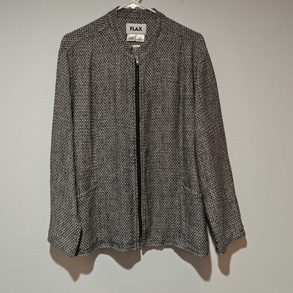 Flax Jackets & Blazers - Flax Linen Jacket Large Textured Weave Pattern Black White Full Zip Pockets